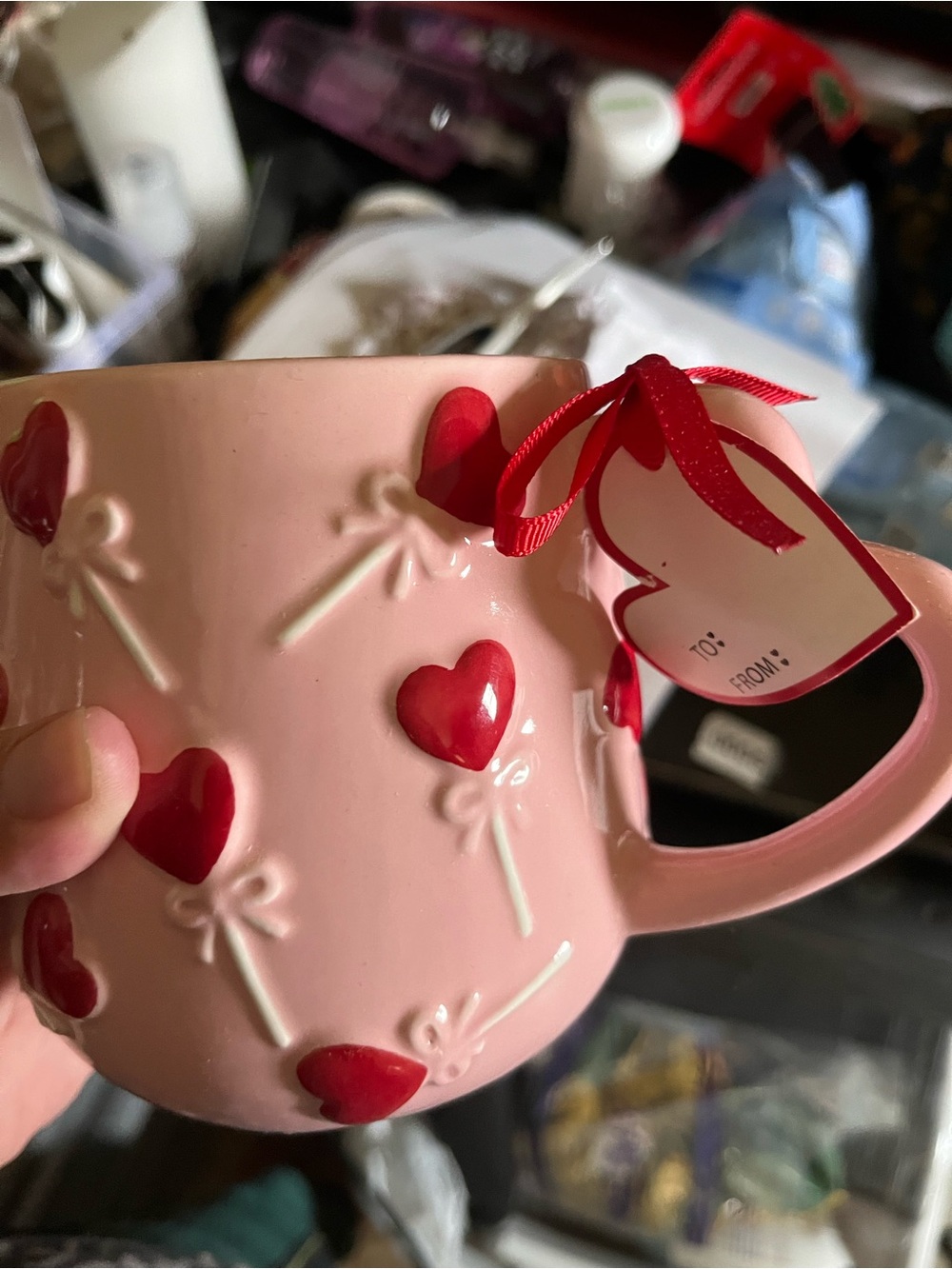 Pink Heart Ceramic Coffee Mug with Red Accents